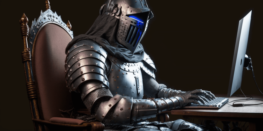 Homme en armure tentant d'écrire un mail de présentation d'auteur